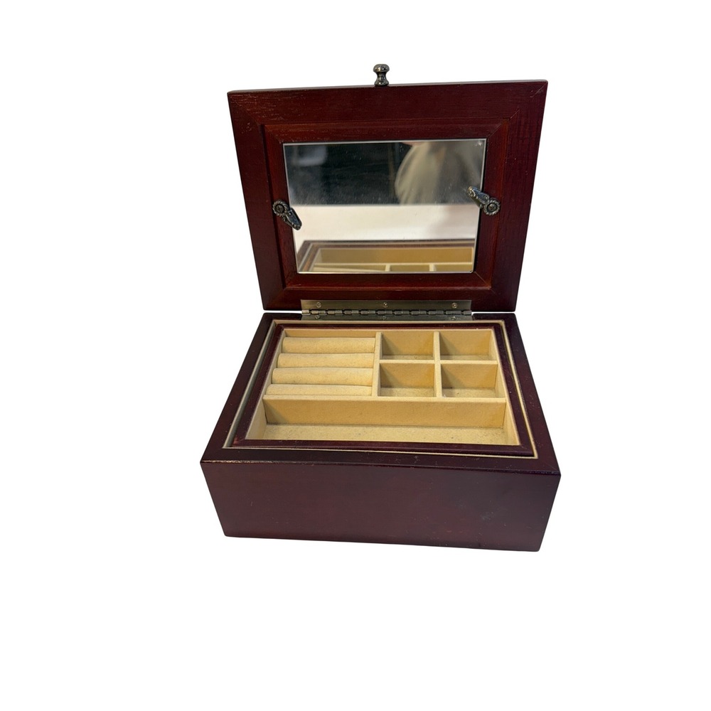Vintage Wooden Jewelry Box with Mirror and Removable Tray Mahogany Organizer
